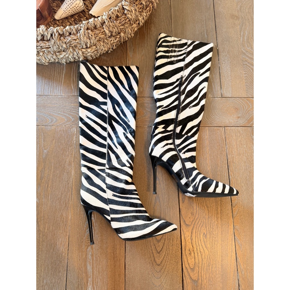 Jeffrey Campbell Arsen Genuine Calf Hair Knee High Boot Womens Black White 8